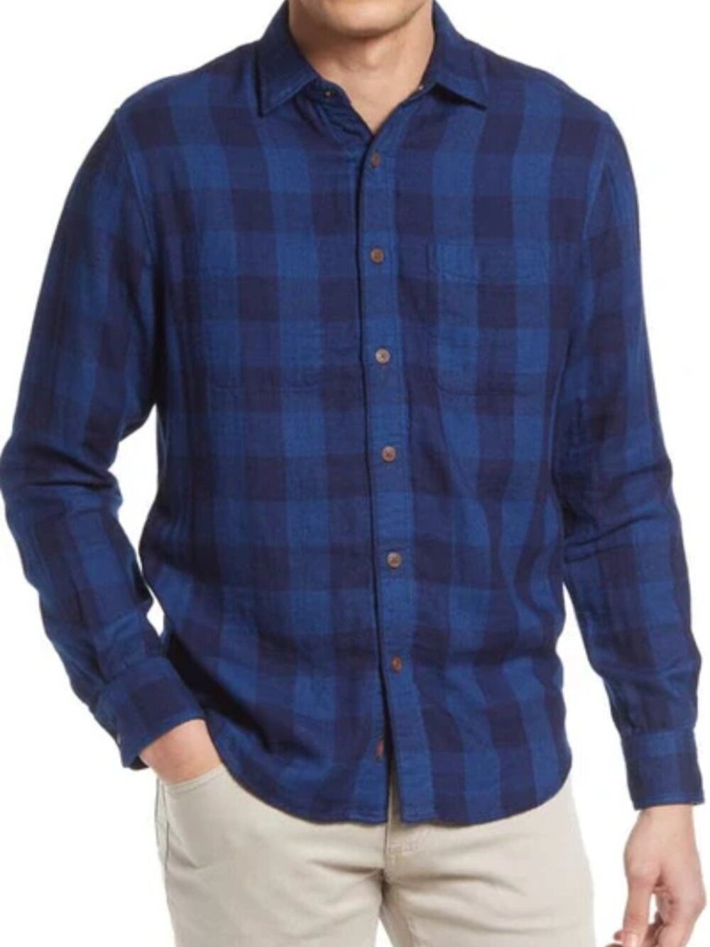 Faherty Reversible shirt blue buffalo plaid black button flannel men new Large
